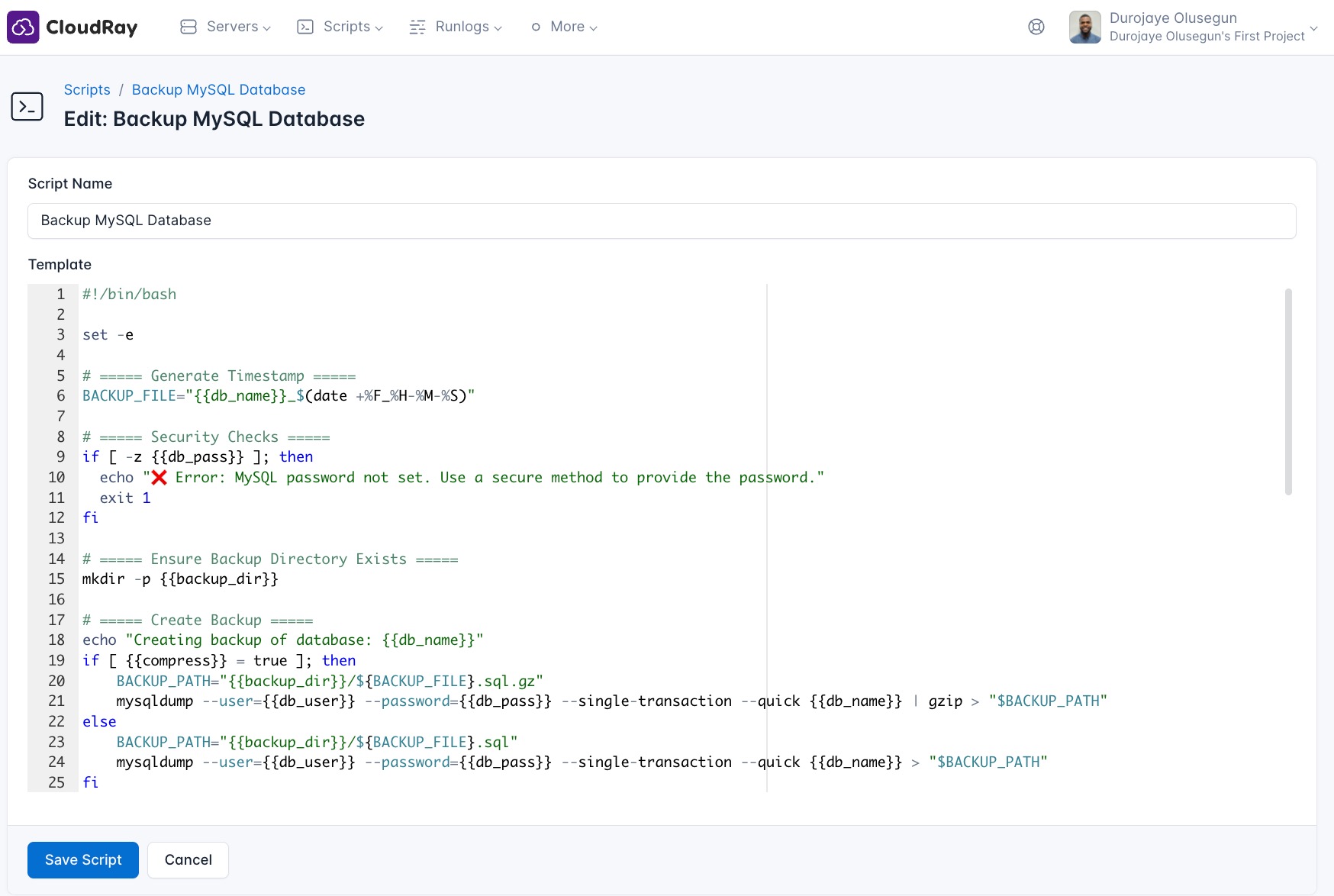 screenshot of backup script