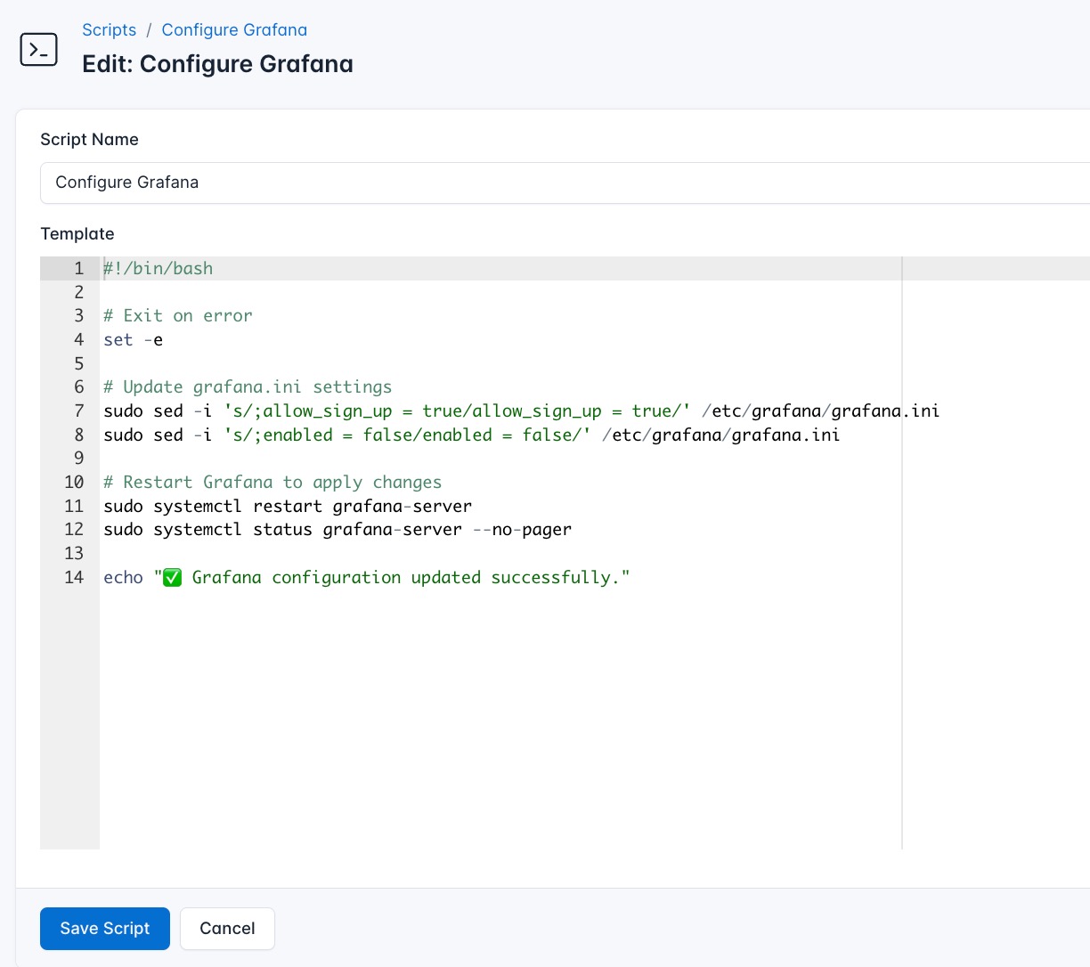 CloudRay script configuration for securing Grafana