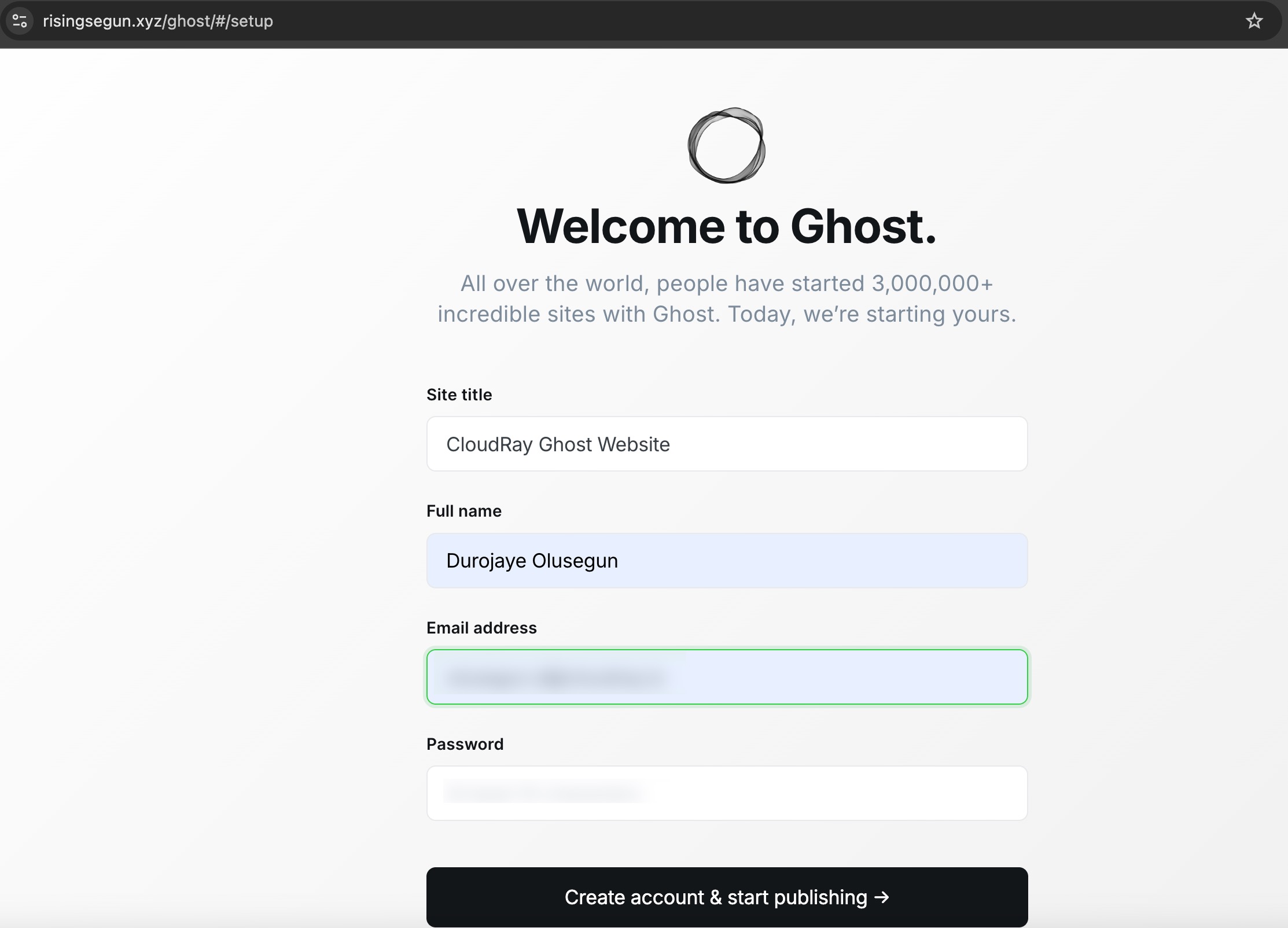 Screenshot showing Ghost setup