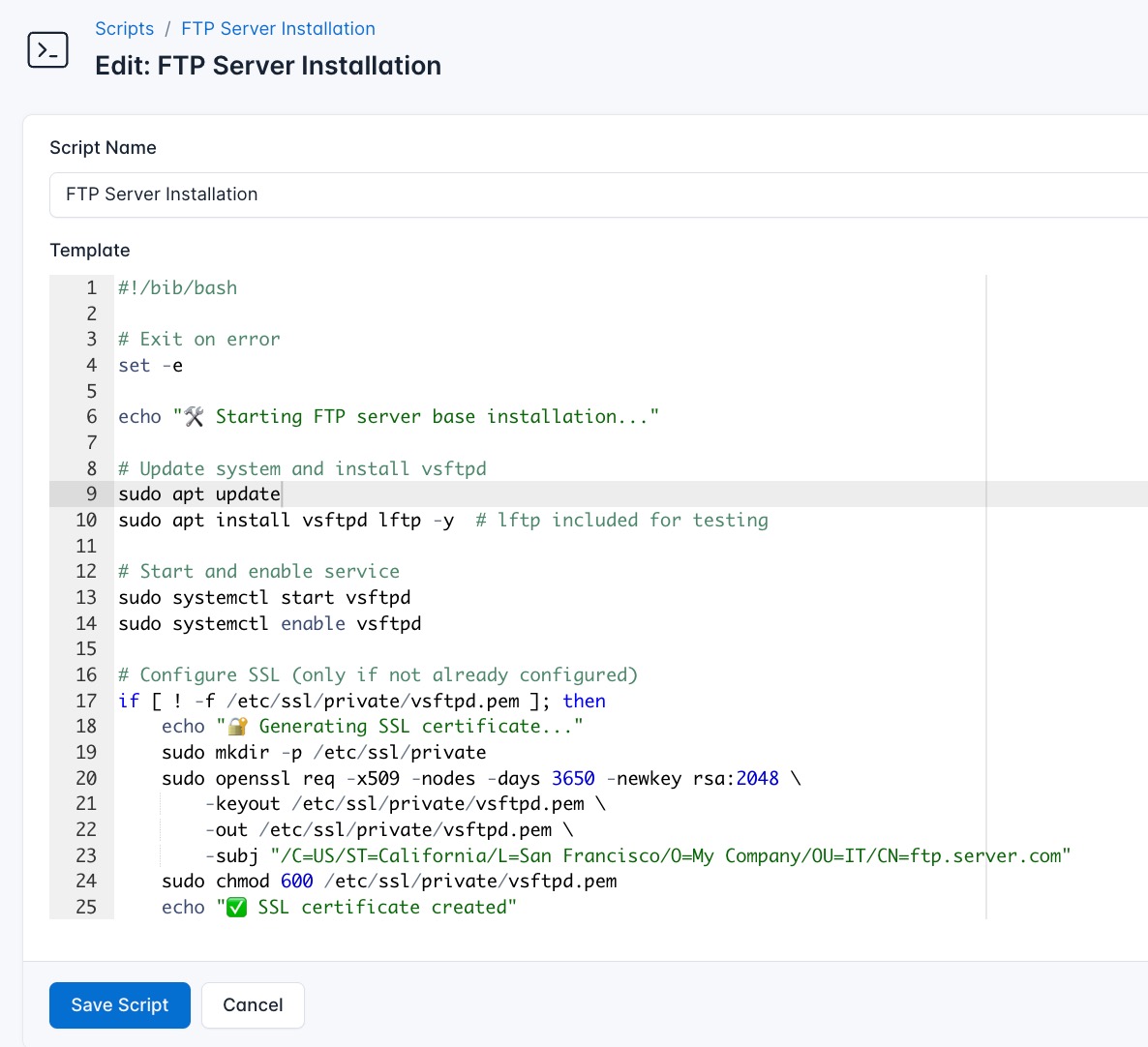 Screenshot of adding a new install script