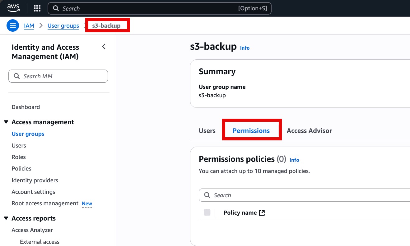 Screenshot to locate permission tab on AWS console