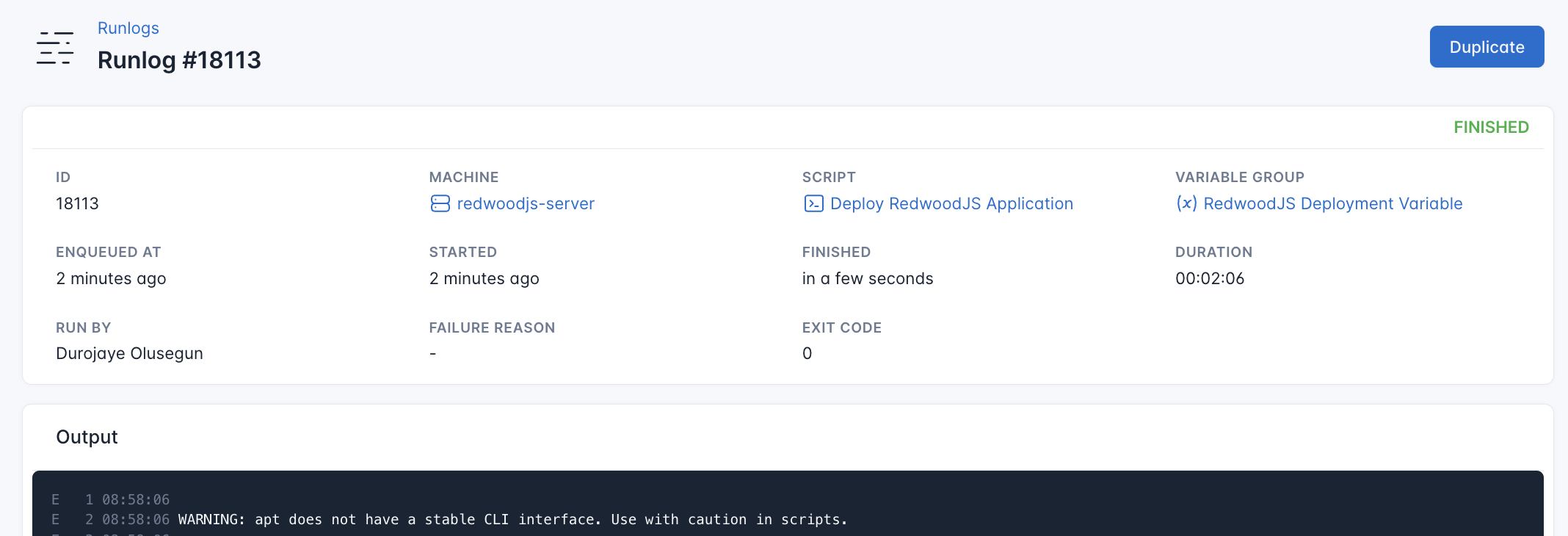 Screenshot of the output of the setup Nextjs script