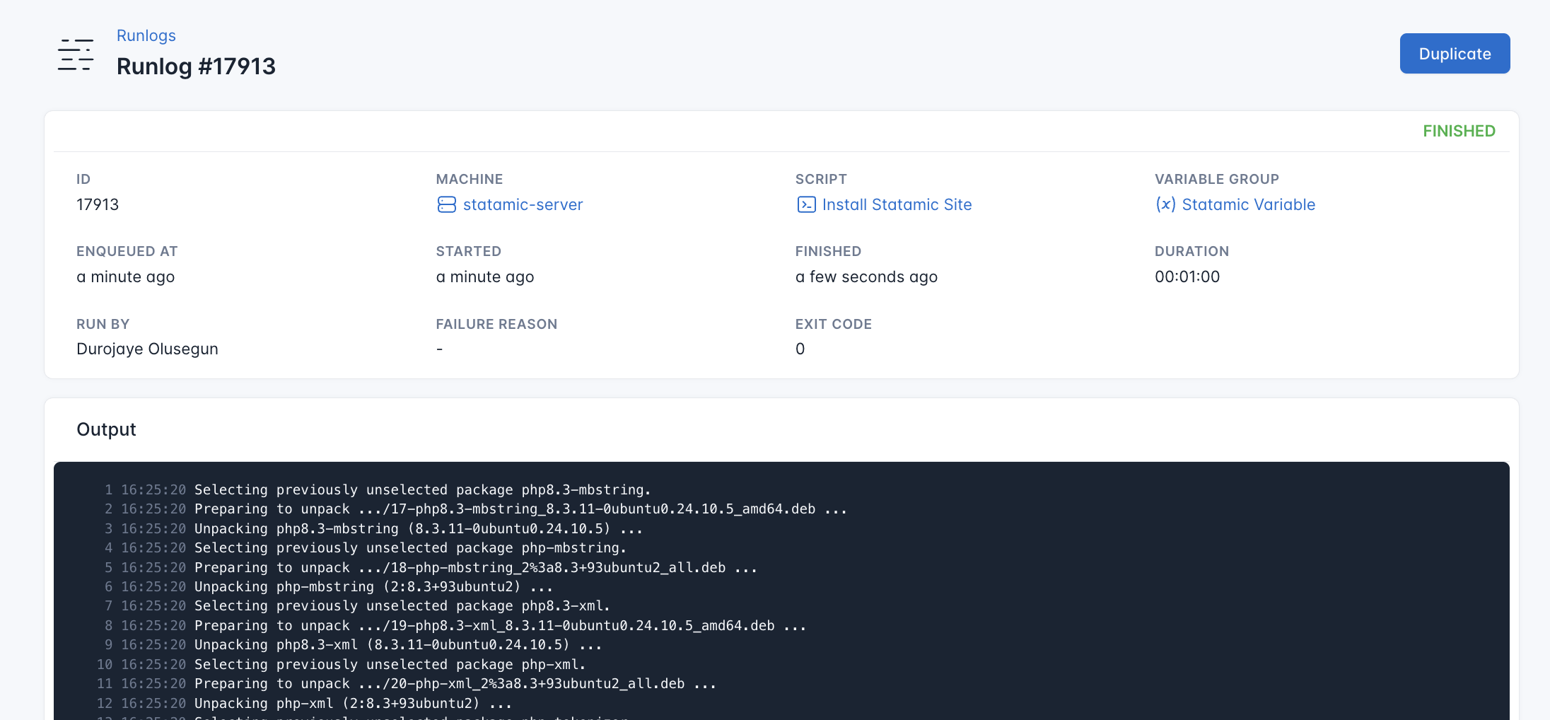 Screenshot of the output of the setup Nextjs script