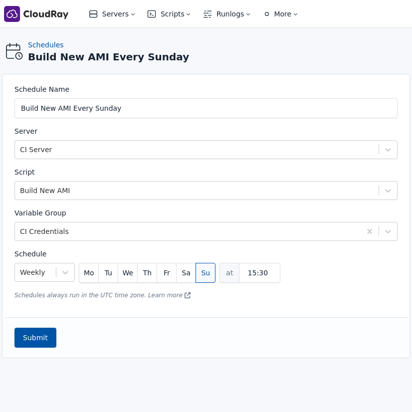 Screenshot of scheduling a script in CloudRay