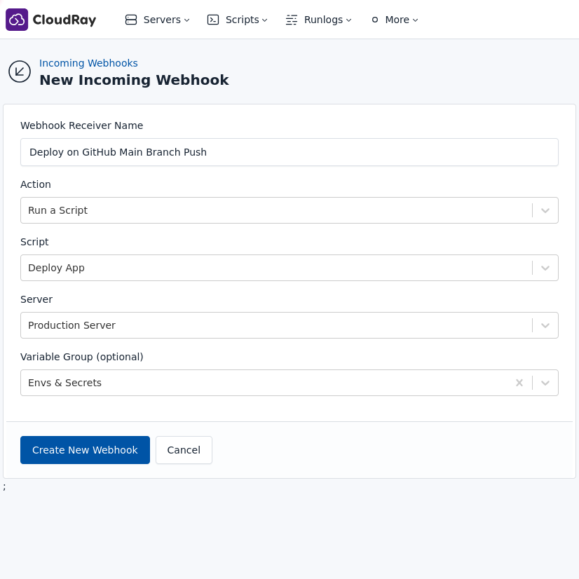 Screenshot of a Webhook Receiver in CloudRay