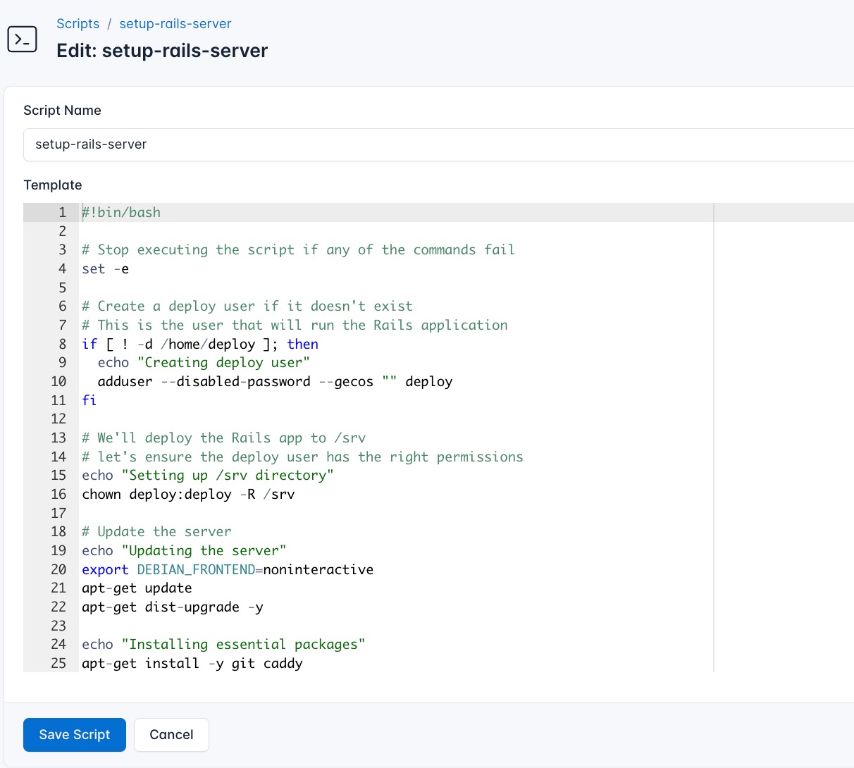 Screenshot of adding a new setup script for Rails application