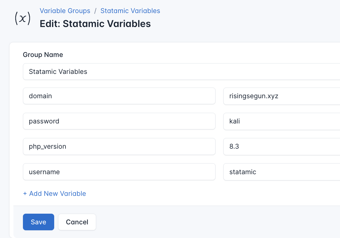 Screenshot of adding a new variable group
