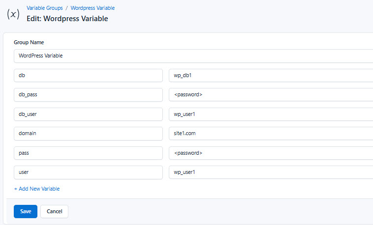 CloudRay variable group setup for WordPress deployment parameters
