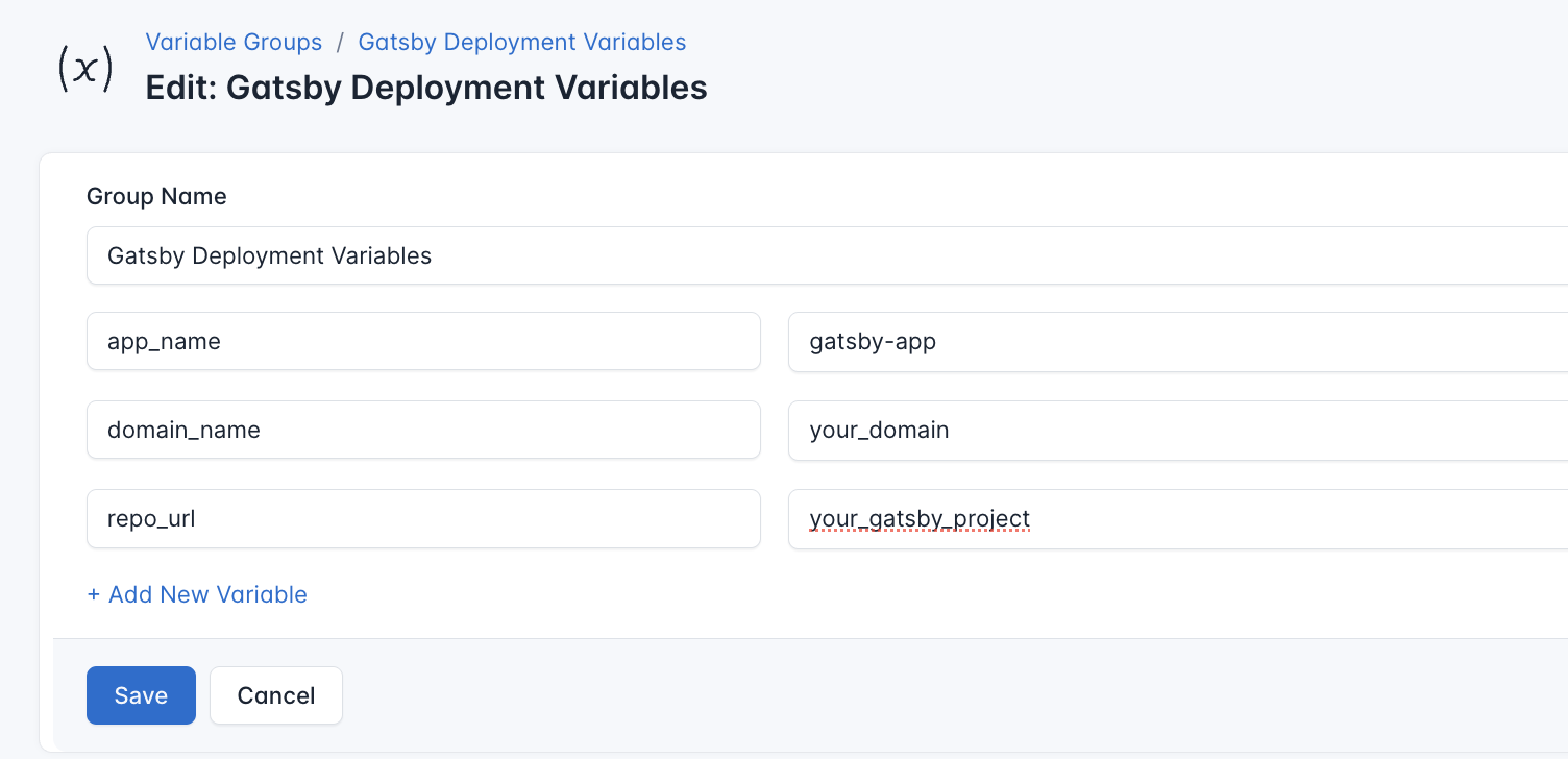 Screenshot of adding a new variable group