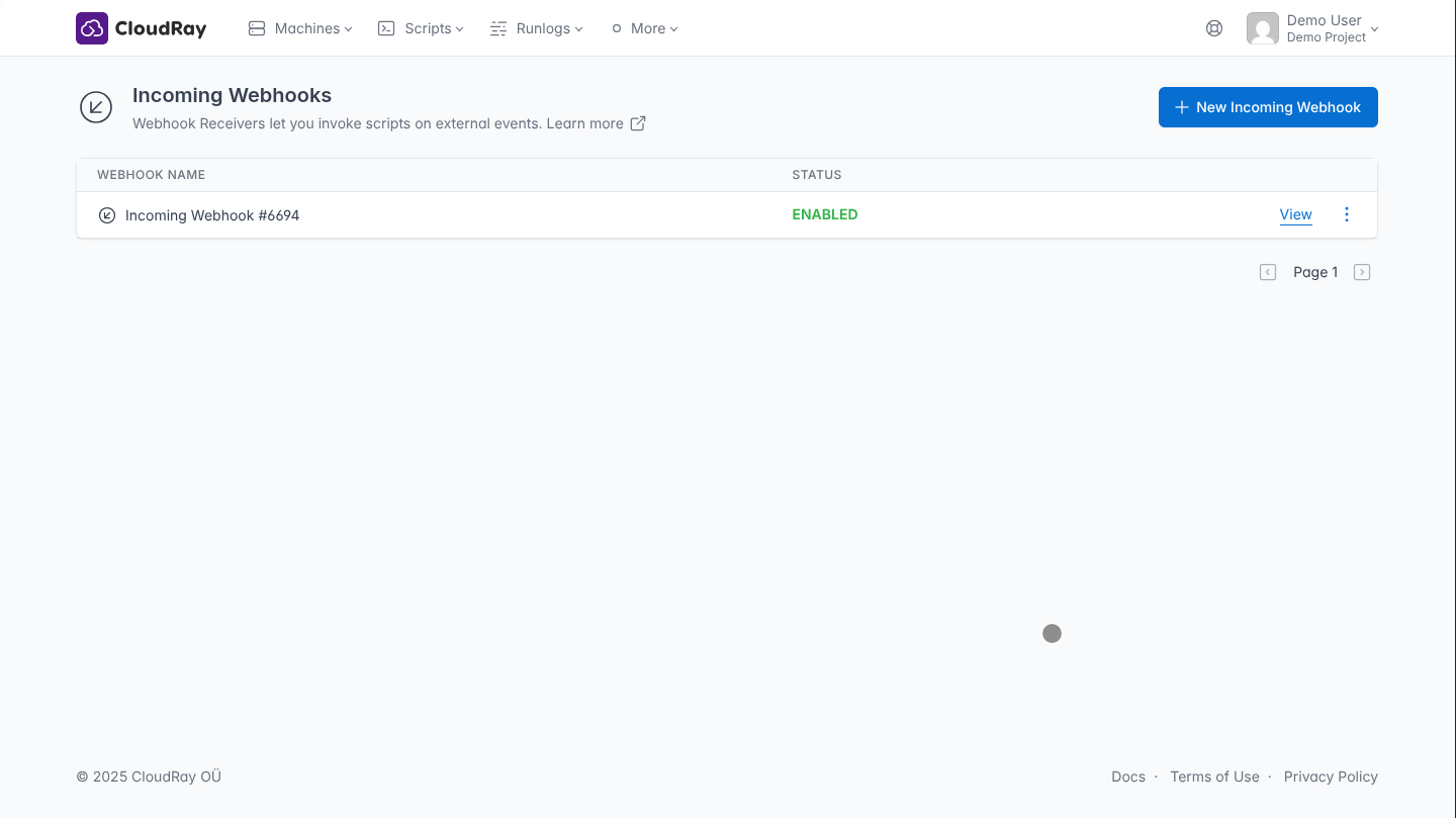 CloudRay incoming webhook trigger
